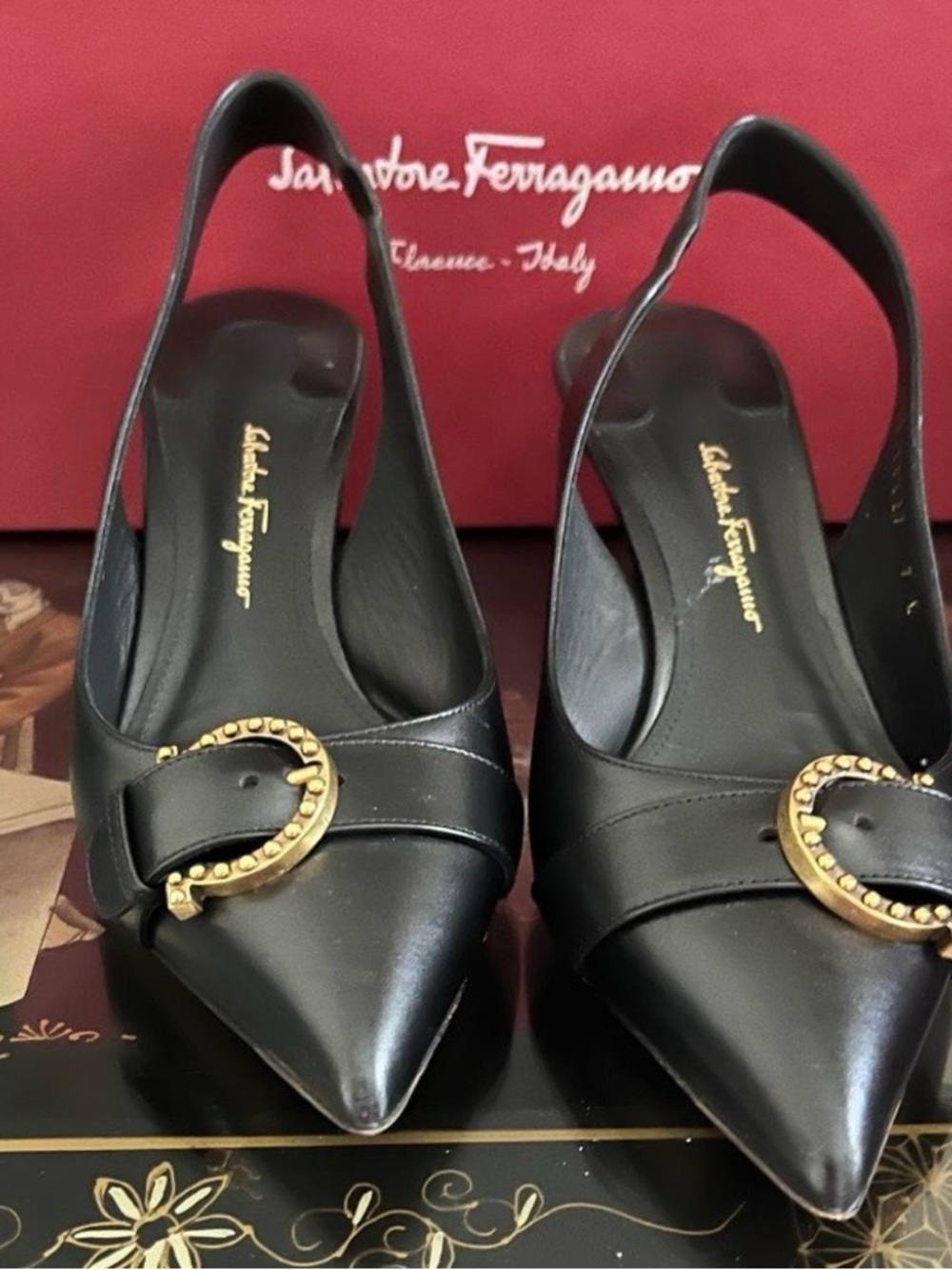 Salvatore Ferragamo Black Leather Slingback Pumps with Gold Buckle - Picture 1 of 5